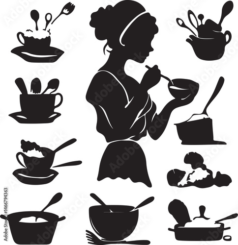 Silhouette Vector Art: Woman Eating Soup, Cups, Spoons, Bowls, Kitchenware - Black & White Culinary Illustration for Food Blog Design