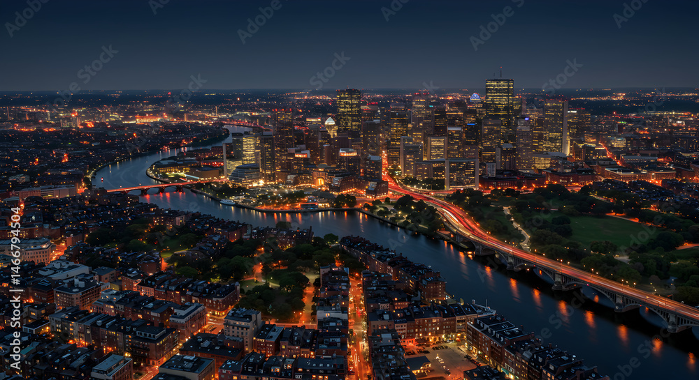 Obraz premium Aerial Night Cityscape With River And Illuminated Buildings In A Vibrant Urban Scene