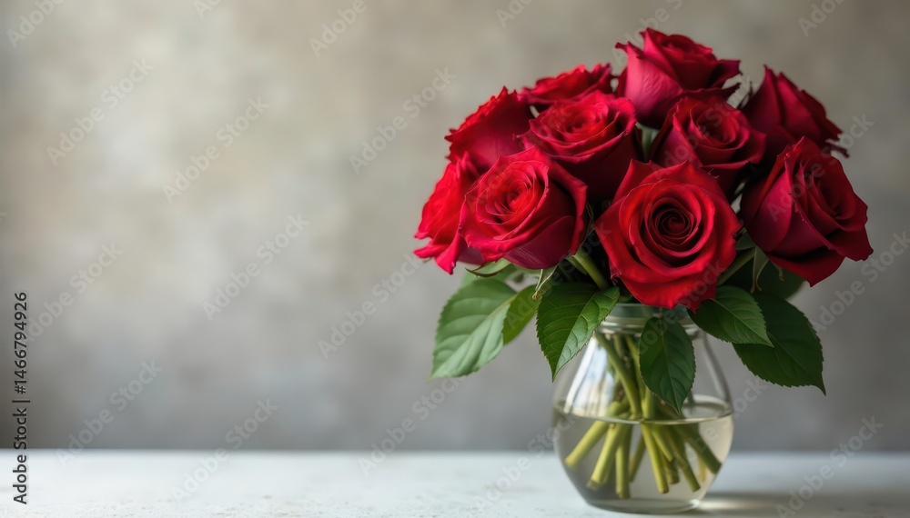 Fototapeta premium Crimson roses overflowing a vase, lush petals , romance, background, wedding