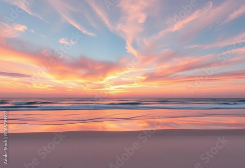 Serene sunrise paints the sky with soft pastel hues reflecting on tranquil ocean waters, a pristine beach lies still, serene, beautiful