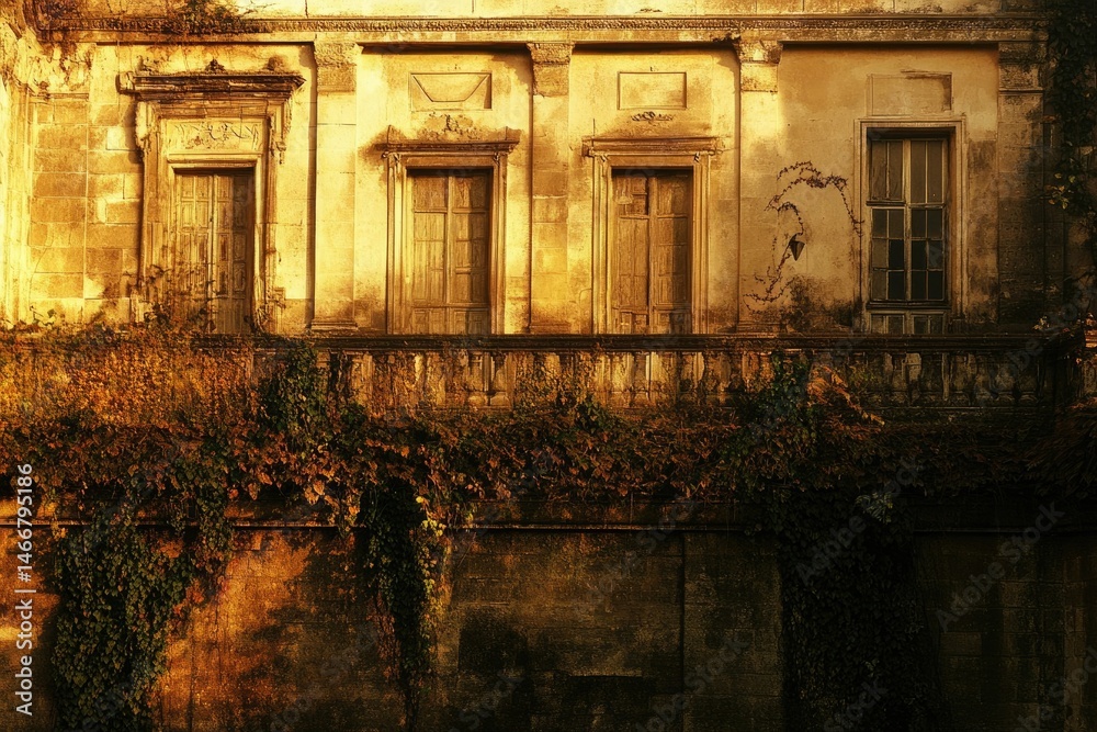 Obraz premium Overgrown antique building facade at sunset, featuring three doors and a window, showcasing aged stonework and ivy.