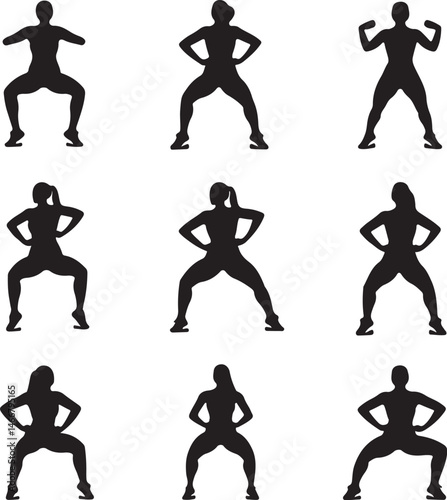 Silhouette Vector Illustration: Group Exercise Class Performing Sumo Squats, Fitness Training, Workout Routine, Healthy Lifestyle