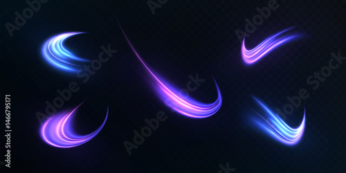 Set of curved vector neon light streams in blue and purple tones on a dark background. Used for visual effects, digital interfaces, game design and motion graphics.