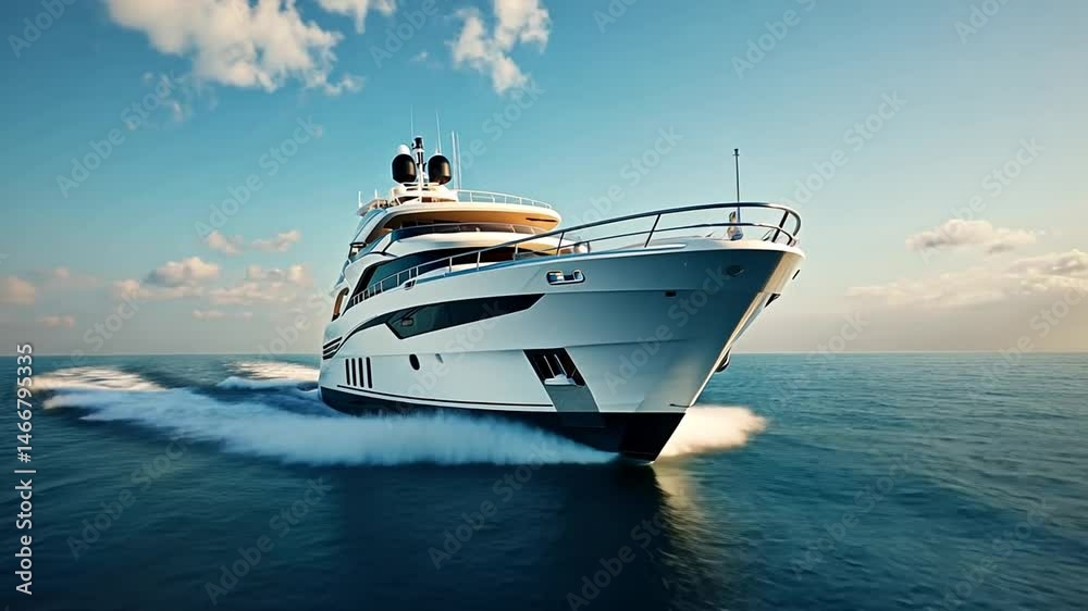 Luxury yacht sailing across calm ocean waters under bright sunshine, showcasing elegance and speed Luxury yacht sailing across calm ocean waters under bright sunshine, showcasing elegance and speed
