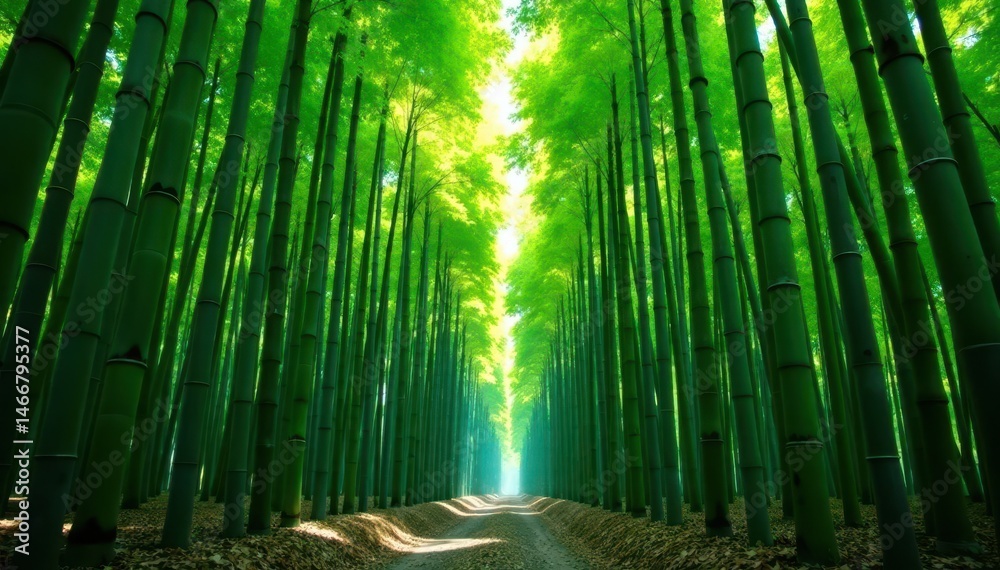Fototapeta premium Dense bamboo forest, tall trees with vibrant green leaves , spring, cane, ecology
