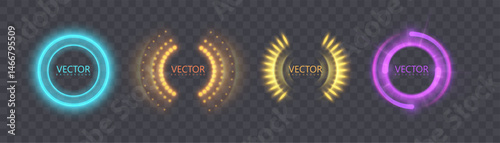 Round interface elements with a sci-fi neon glow: holographic rings, glowing arcs and digital segments. Used for HUDs, futuristic panels and visual effects on a transparent background.