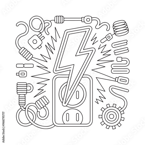 Coloring page of electric components and a lightning bolt, perfect for electricity, energy, and technology themes.