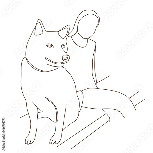 Line art of close up smiling Shiba inu and woman sitting together. outdoor public park relax bonding