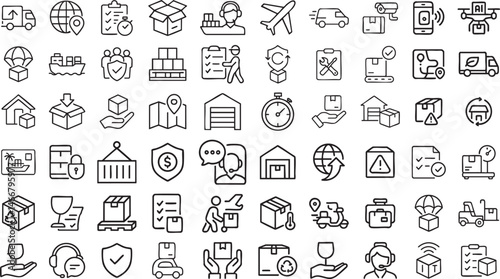 Delivery Icons Vector Set, Logistics Outline Icons on White Background.