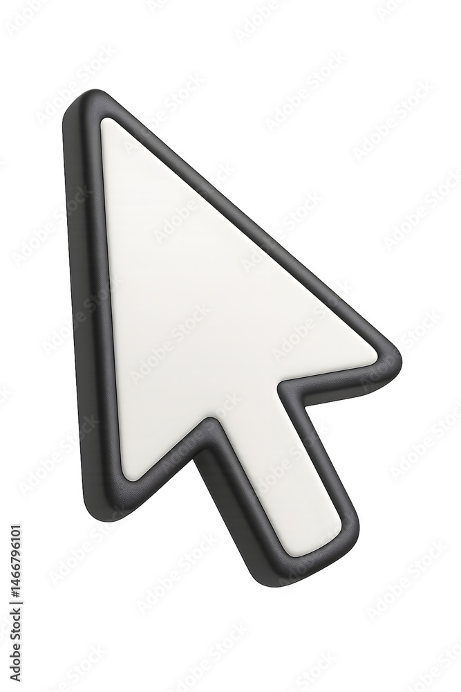 Stylized, three-dimensional, grayscale computer mouse pointer icon.  It is simple and modern in design.