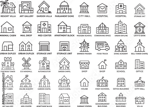 Buildings and Architecture Line Icons Vector Set.