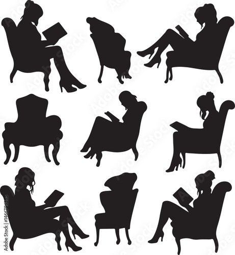 Silhouettes of Women Reading in Armchairs: Vector Illustration of Readers in Wingback Chairs, Book Lovers, Reading Nook Decor, Black and White Art