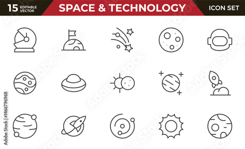 Space and Technology line icon set. Containing satellites, the universe, astronauts, rockets, comets, telescopes and planets, and more icons