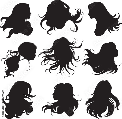 Black Silhouette Hair Vector: Women's Hairstyles Clip Art Collection - Long, Short, Curly, Wavy Haircuts & Styles for Design Projects