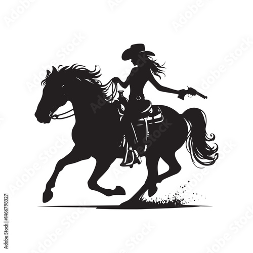 Cowgirl on Horse Vector Silhouette, Western Spirit, Cowboy Life, Equestrian Style, Wild West Adventure, Country Girl, Rustic Charm.
