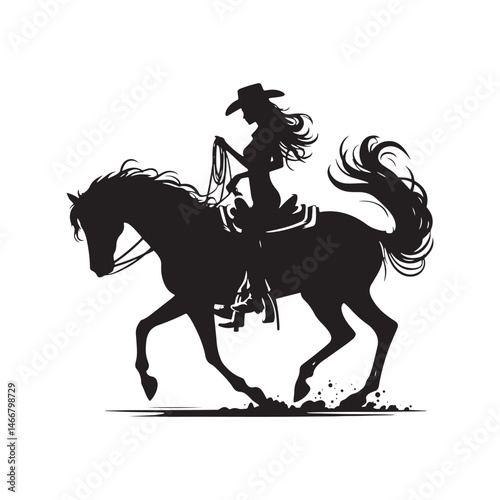 Cowgirl on Horse Vector Silhouette, Western Spirit, Cowboy Life, Equestrian Style, Wild West Adventure, Country Girl, Rustic Charm.
