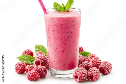 Raspberry smoothie with fresh berries isolated on white background