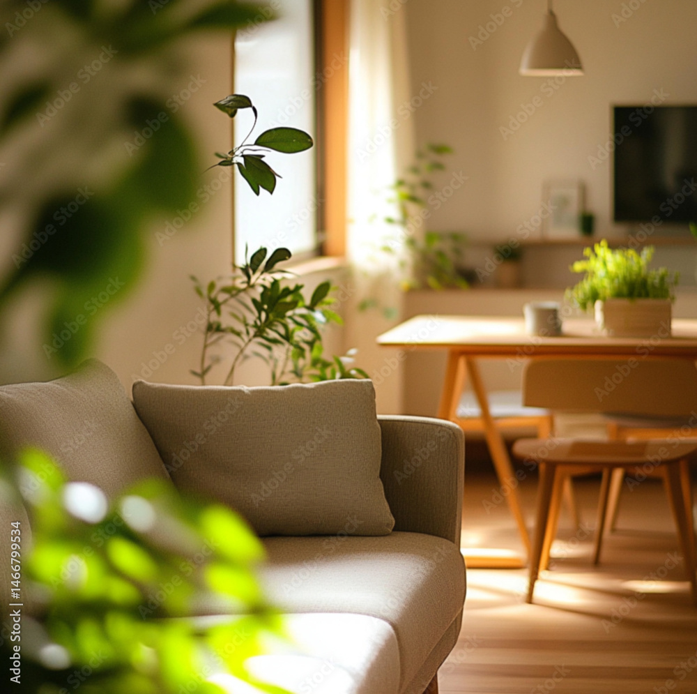 a cozy living room with light-colored walls, a comfortable sofa, and a fully visible integrated dining area with a wooden dining table, a blurred green plant, Warm natural lighting