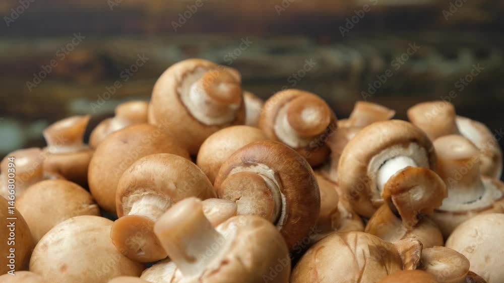 Fresh Button Brown Mushrooms Champignons on Wooden Background Rotate Fresh Button Brown Mushrooms Champignons on Wooden Background Rotate