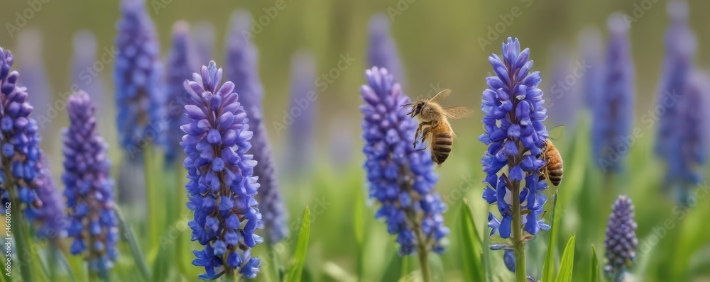 Obraz premium A honeybee pollinates a vibrant grape hyacinth , garden, honeybee