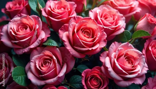 Intricate blooming roses, densely packed, vibrant hues, buds, spring, leaves