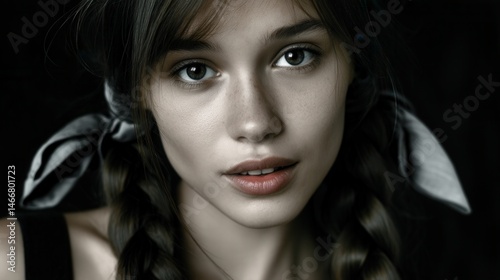 Close-up portrait of a young woman with braided hair and intense gaze against dark background