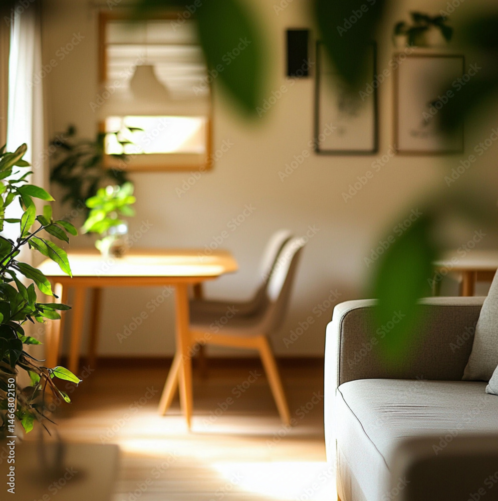 a cozy living room with light-colored walls, a comfortable sofa, and a fully visible integrated dining area with a wooden dining table, a blurred green plant, Warm natural lighting