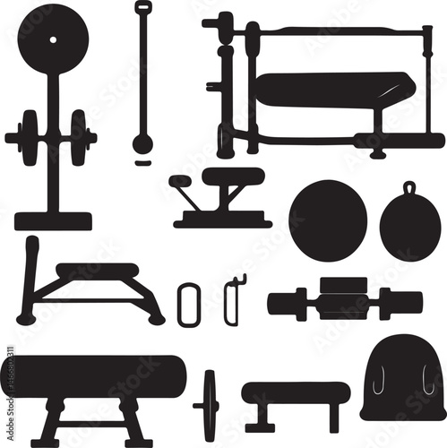 Black and White Silhouette of Gym Equipment: Weightlifting Bench, Barbell, Dumbbells, Exercise Ball, and Fitness Accessories Vector Illustration