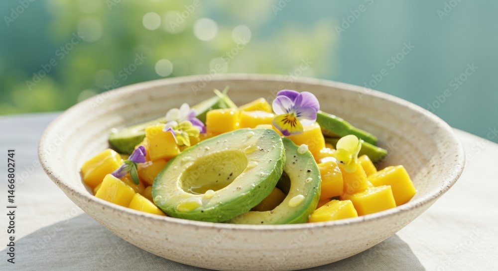Bowl of avocado mango salad with flowers outdoors in sunlight. Bowl of avocado mango salad with flowers outdoors in sunlight.