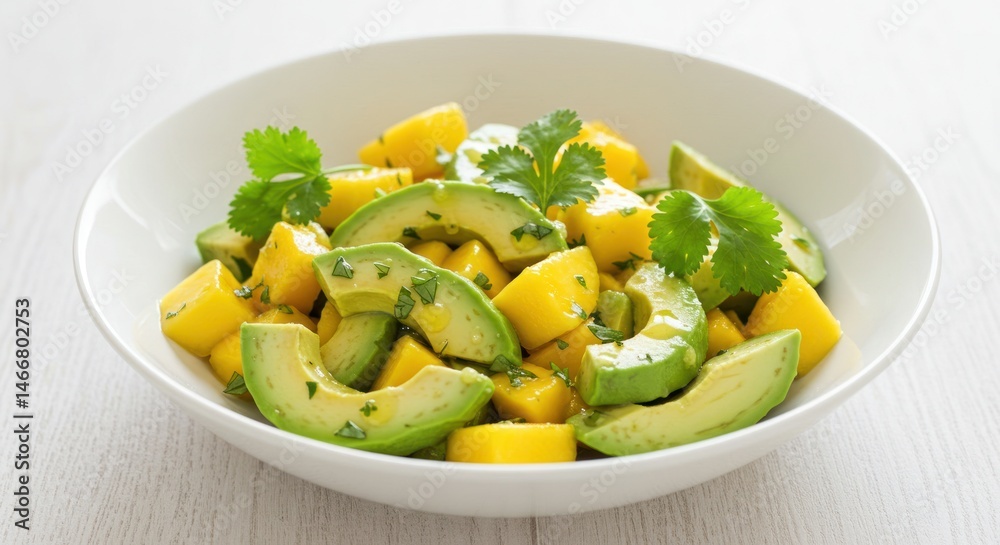 Bowl of salad with avocado mango and cilantro on a white surface. Bowl of salad with avocado mango and cilantro on a white surface.