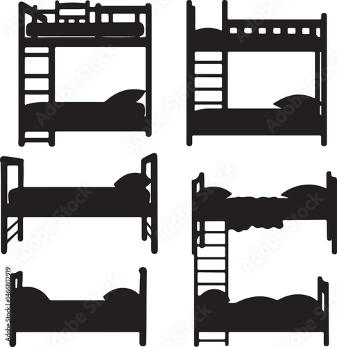 Black Silhouette Illustration of Various Bed Styles: Bunk Beds, Single Beds, Bedroom Furniture, Interior Design Elements, Vector Graphics