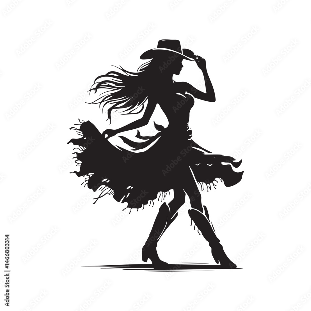 Fototapeta premium Cowgirl with Skirt and Hat Vector Silhouette, Western Fashion, Country Girl, Rustic Charm, Wild West Style, Cowboy Spirit. 