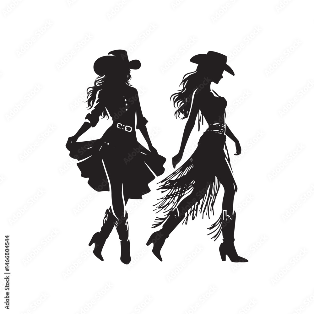 Fototapeta premium Cowgirl with Skirt and Hat Vector Silhouette, Western Fashion, Country Girl, Rustic Charm, Wild West Style, Cowboy Spirit. 