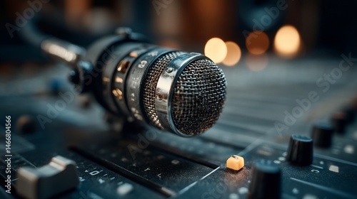 Vintage Microphone on Audio Mixer Console: Broadcasting, Recording Studio, Podcast Equipment