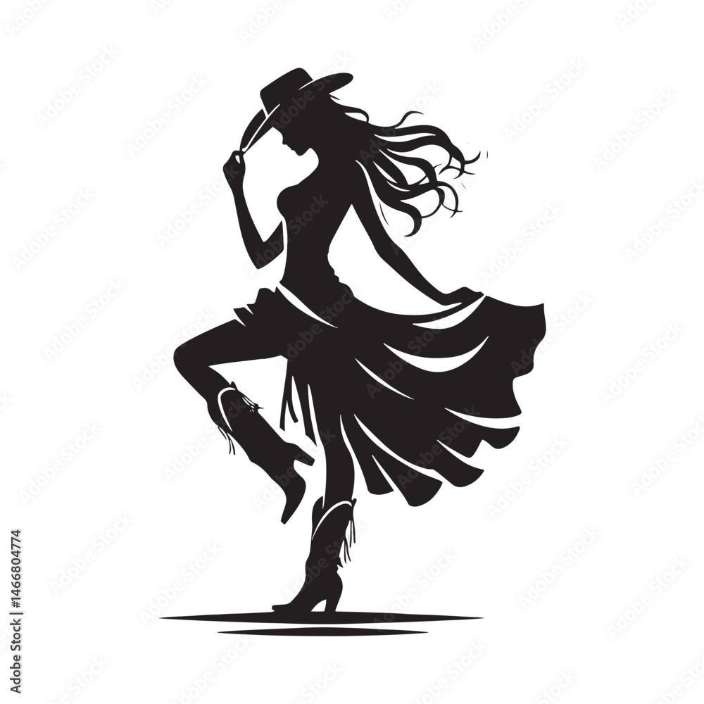 Fototapeta premium Cowgirl with Skirt and Hat Vector Silhouette, Western Fashion, Country Girl, Rustic Charm, Wild West Style, Cowboy Spirit. 