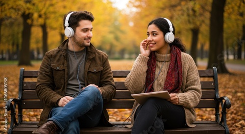 Wallpaper Mural Couple wearing headphones sitting on park bench surrounded by autumn leaves. Torontodigital.ca