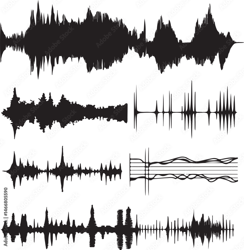 Sound Wave Visualizations: Black and White Graphic Art of Audio Signals, Music Frequencies, and Digital Waveforms for Design Elements