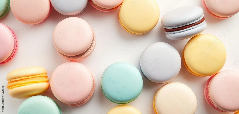 Obraz premium Pastel-colored macarons arranged on a white background, food photography, confectionery