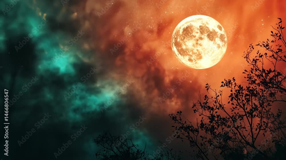 A large, glowing full moon dominates a night sky, fiery orange clouds contrast with dark teal nebulae, silhouetted tree branches frame the scene A large, glowing full moon dominates a night sky, fiery orange clouds contrast with dark teal nebulae, silhouetted tree branches frame the scene