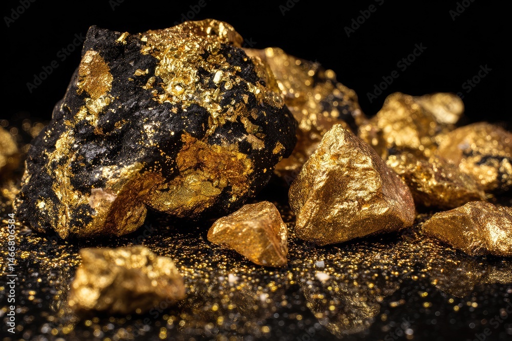 Luminous gold nuggets and ore on dark background Luminous gold nuggets and ore on dark background