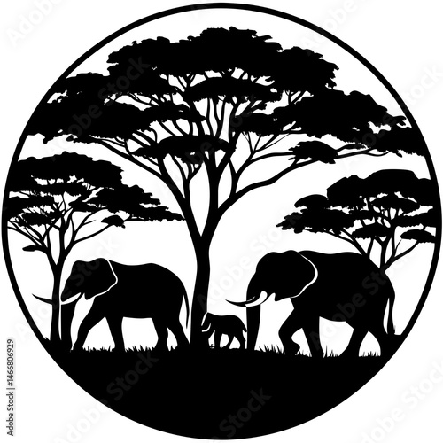  silhouette Elphants  family in the forest on white background