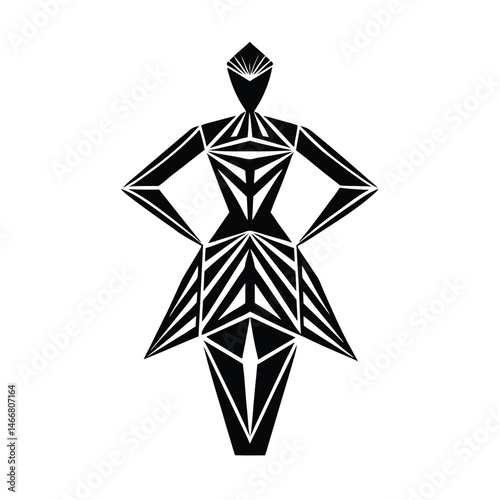 Abstract geometric figure depicting a woman in a stylish dress with arms akimbo, modern design concept