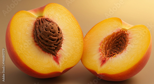 Close-up of a fresh, ripe peach cut in half, revealing the textured pit and juicy, golden-yellow flesh against a warm, soft-focus background.