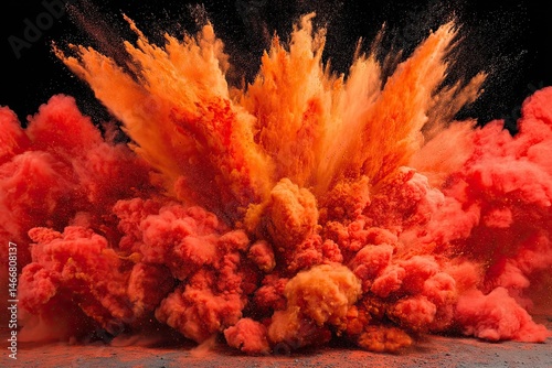 Explosive color burst. Vibrant orange and red powder explosion on black background