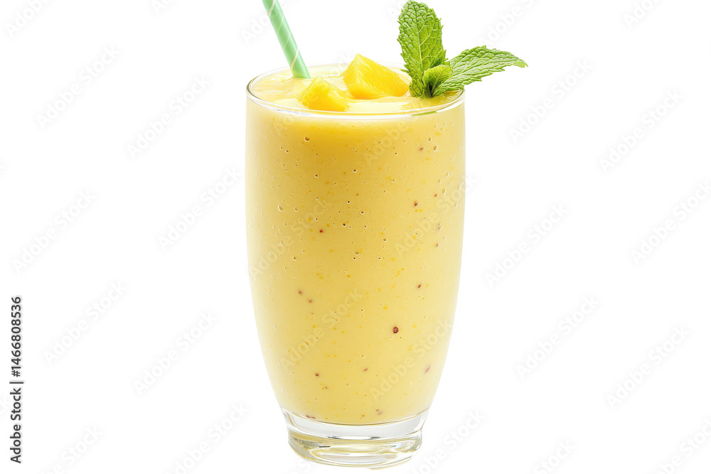 Refreshing mango smoothie in glass garnished with mint sprig and fruit chunks served with a green straw Refreshing mango smoothie in glass garnished with mint sprig and fruit chunks served with a green straw