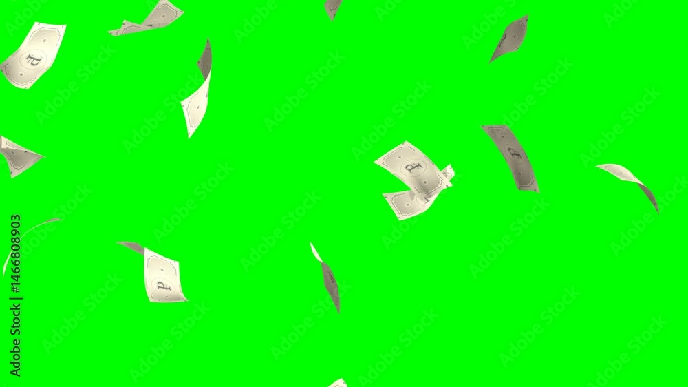 4K falling russian ruble banknotes animation on green screen