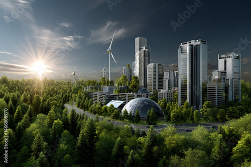 Futuristic Eco-Friendly Smart City Skyline at Sunrise
