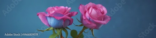 A single pink rose blooms against a vibrant blue backdrop , pastel, floral, design