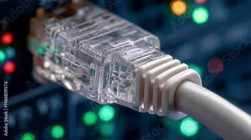 Close-up of RJ45 Connector Plugged into Network Switch