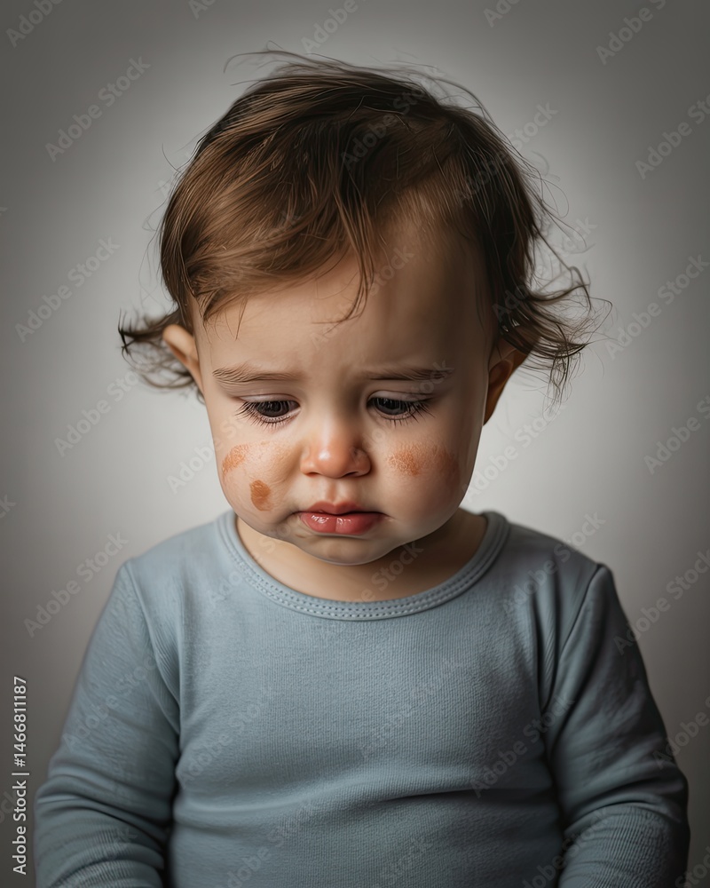 Naklejka premium Sad Toddler with Tearful Expression and Downcast Eyes, Isolated on White Background, Emotional Moment Captured of a Young Child Feeling Upset, Displaying Sadness and Innocence